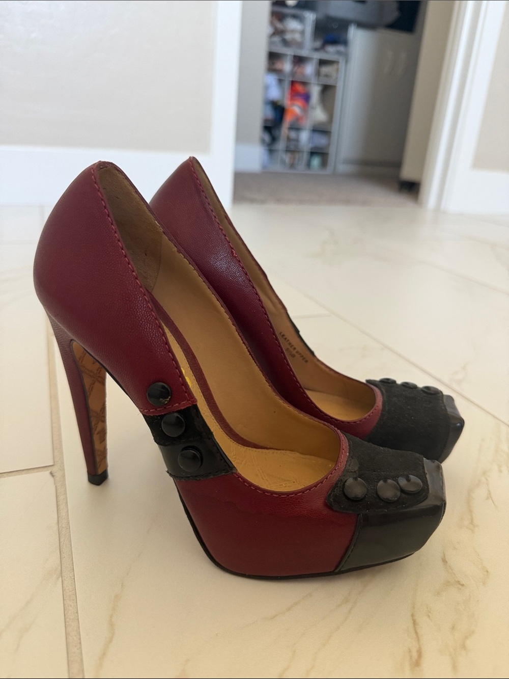L.A.M.B. Burgundy and Black Button-Accent High Heels